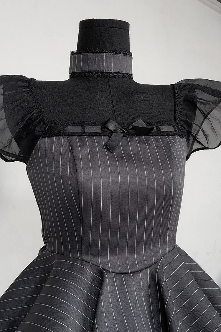 Grey Striped Ruffled Bow Gothic Japanese Maid Lolita Dress