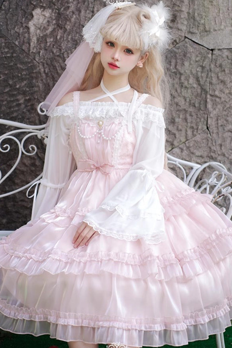Blush Sheer Layered Ruffle Bow Elegant Lolita Gown