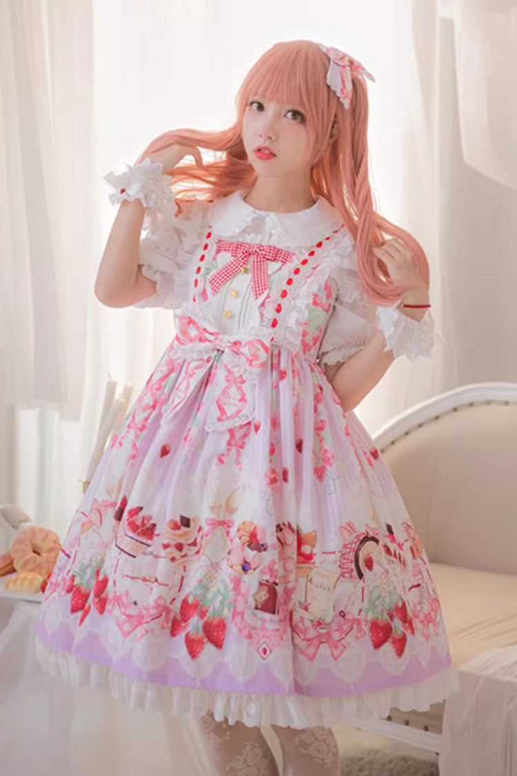 Sleeveless Ruffled Bow Sweet JSK with Print - Strawberry Feast