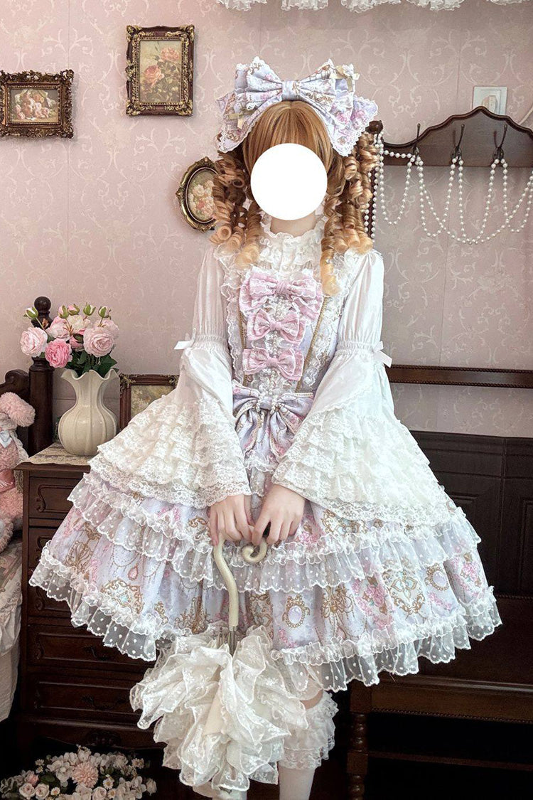 Candelabrum Elegy Violet Triple-Layered Flower Wall Print Ruffled Bow Lace Lolita JSK - Candelabrum Elegy
