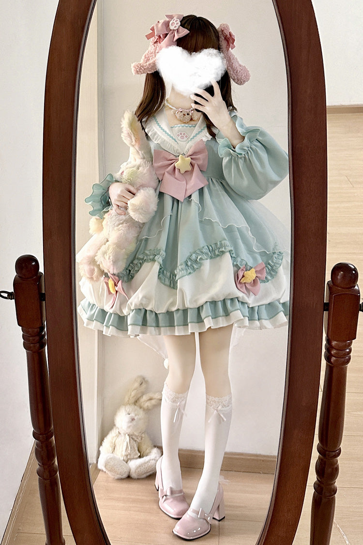 Pray Star Sweet Lolita Dress with Double Ruffles and Stitching