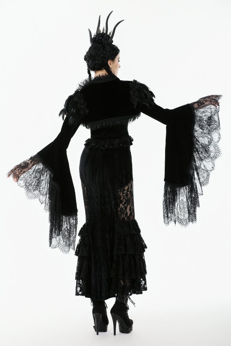 Spliced Velvet Long Flared Sleeve Floral Feather Gothic Cape for Women Lace