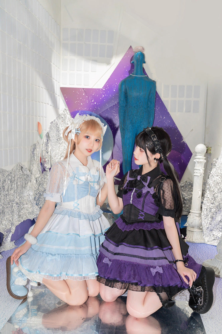 Blue/White Cotton Cloud Lapel Collar Ruffle Ribbon Lace-Up Girly Lolita JSK Dress