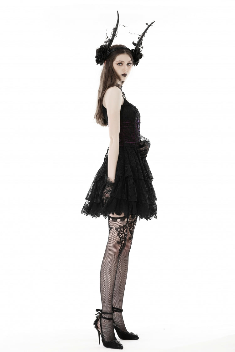 Black/Purple Multi-Layer Lace Lace-Up Gothic Dress