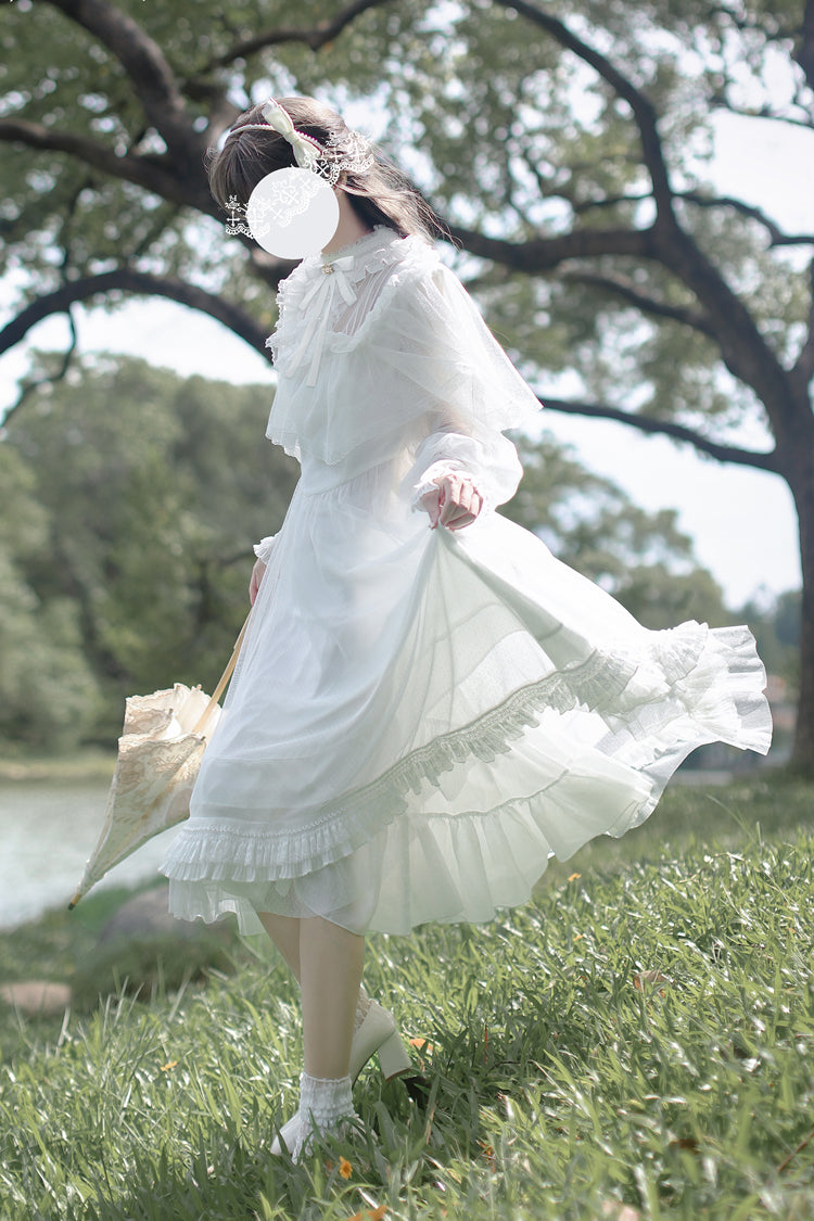 Ivory Long Sleeve Bow Lace Sweet Elegant Dress