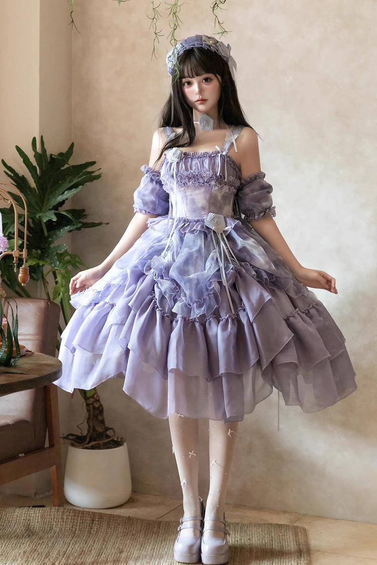 Goodnight Camellia Sleeveless Ombre Multi-Tiered Printed Ruffled Lace Fishbone Sweet Lolita Jumper Dress Three Colors