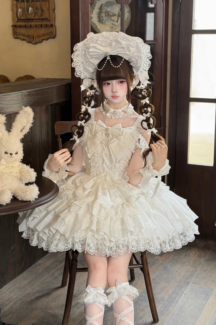 Ivory Ballet Pearl Square Neck Sleeveless Tiered Ruffle Bow Lace-Up JSK