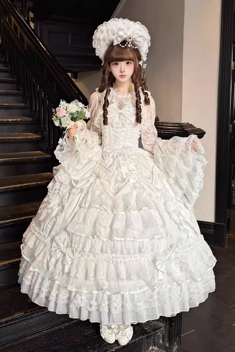 Ivory Curtain Ode Multi-Tier Ruffled Bridal Front Bow Lace-Up Long JSK