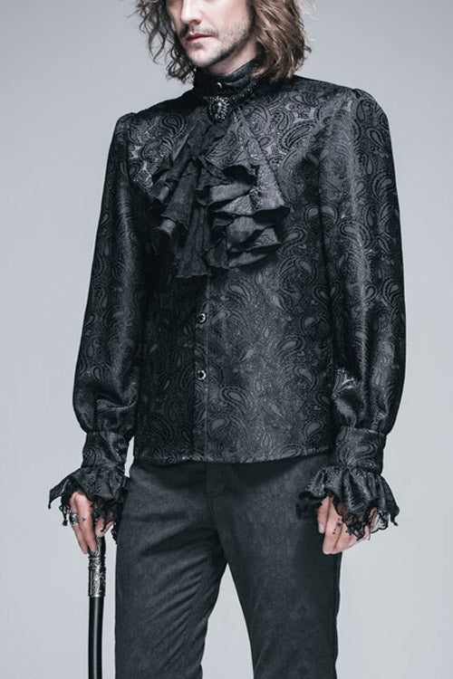 Gothic Blouse with Rose Print and Lace Cuffs for Men