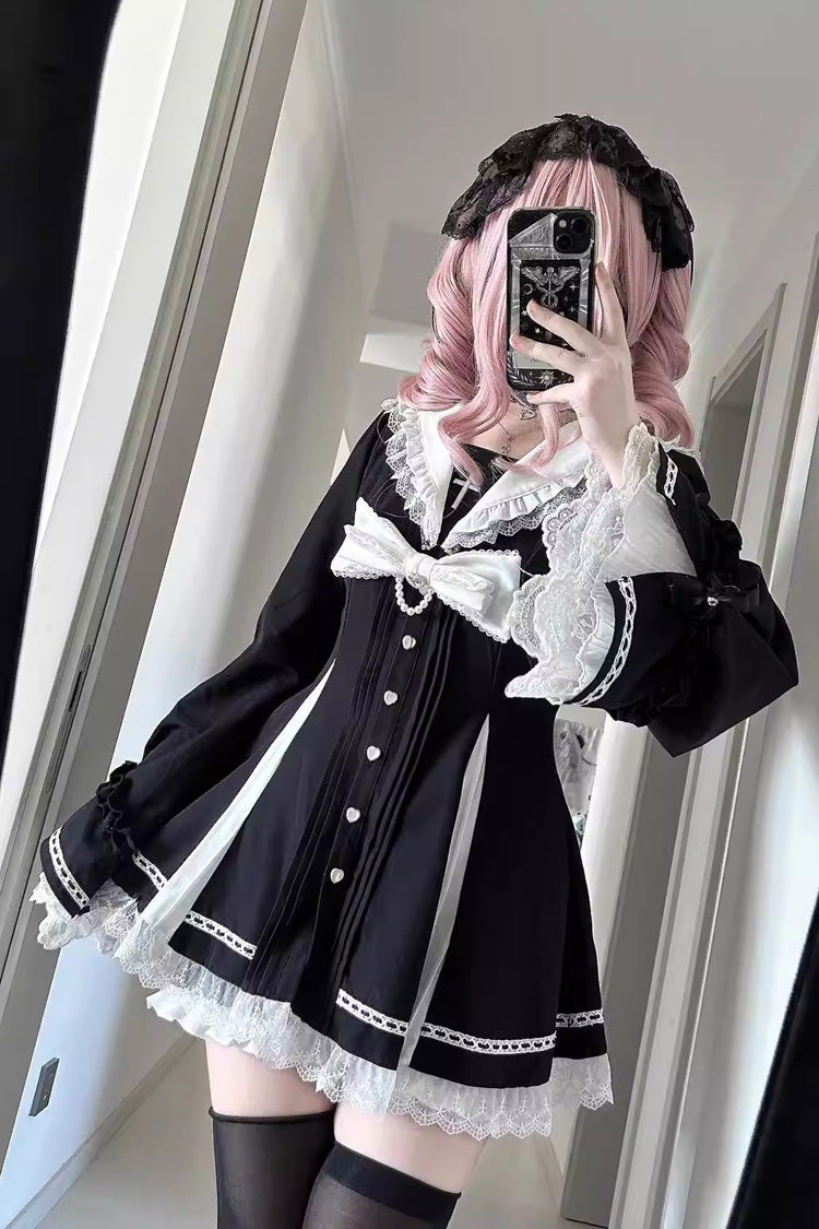 Sweet Square-Collar Bow Lace Pearl Jirai Kei Dress & Short Set