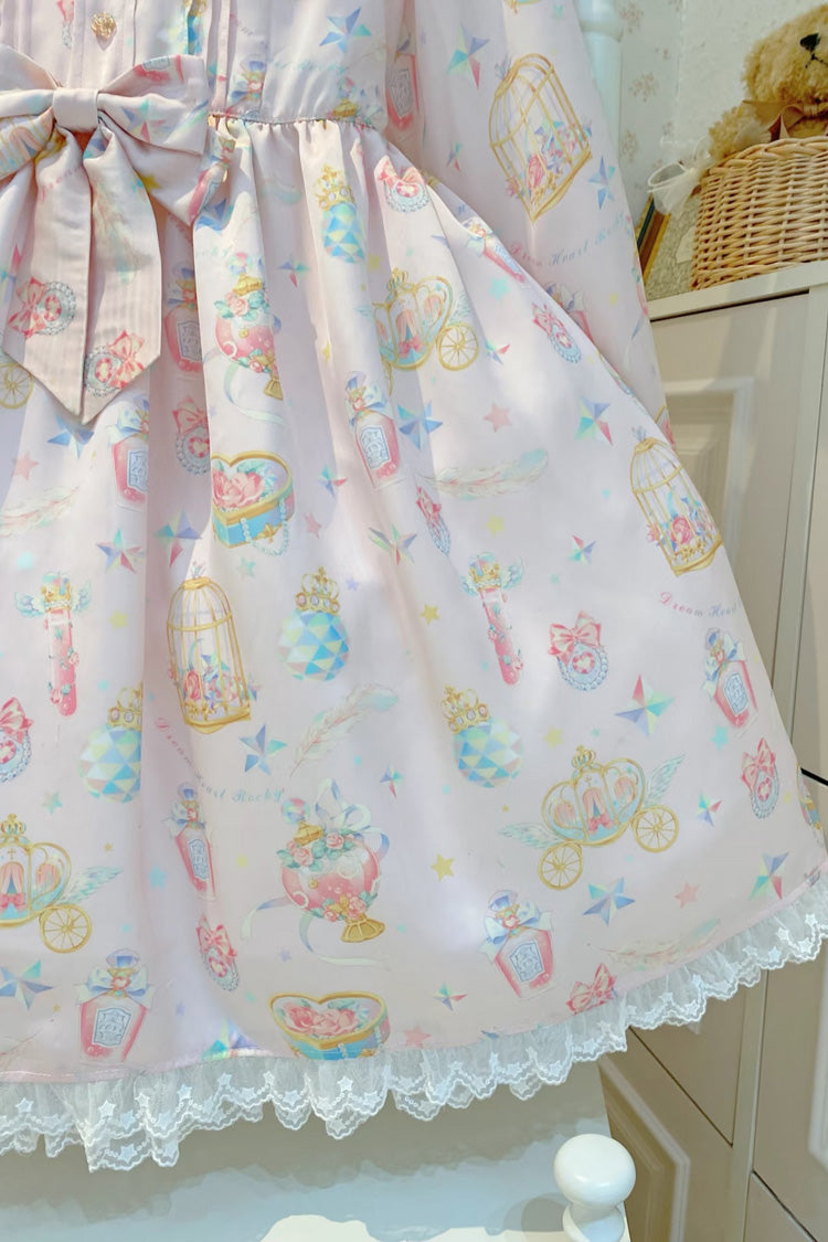White Apricot Long Sleeve Print Bow Lace Sweet Plus Size Lolita Dress
