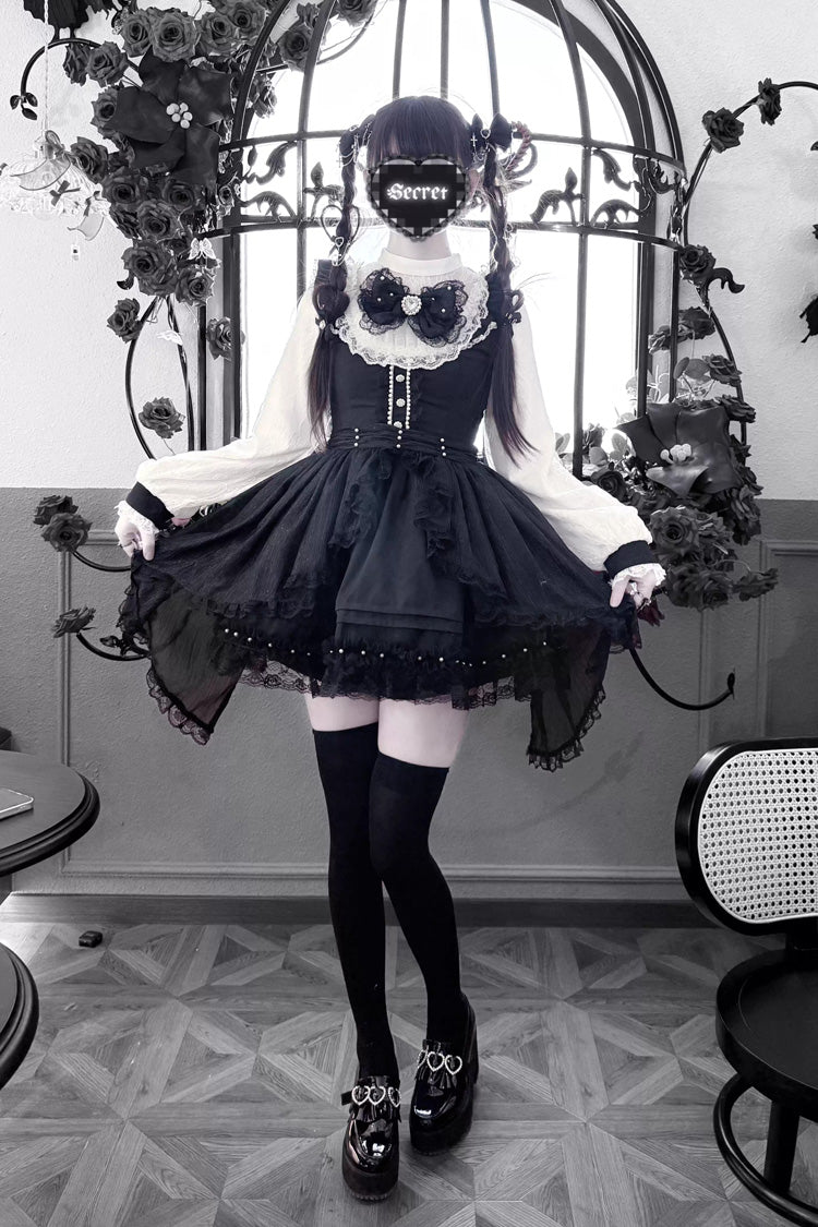 Black/White Thorn Doll Long Sleeves Ruffled Bow Pearl-Decorated Gothic Jirai Kei Gown