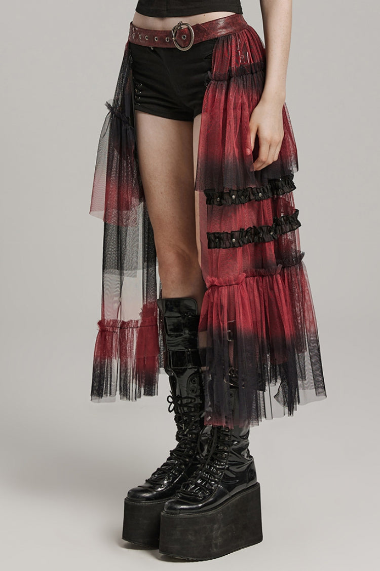 Steampunk Mesh Buckle Long Overskirt with Ruffles - Three Colors