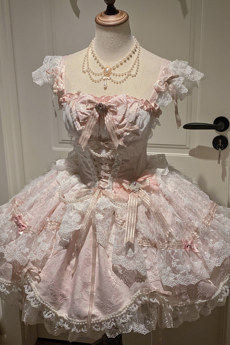 Anna's Ball Square Collar Ruffled Hanayome Bow Lace Ballet JSK - Pink