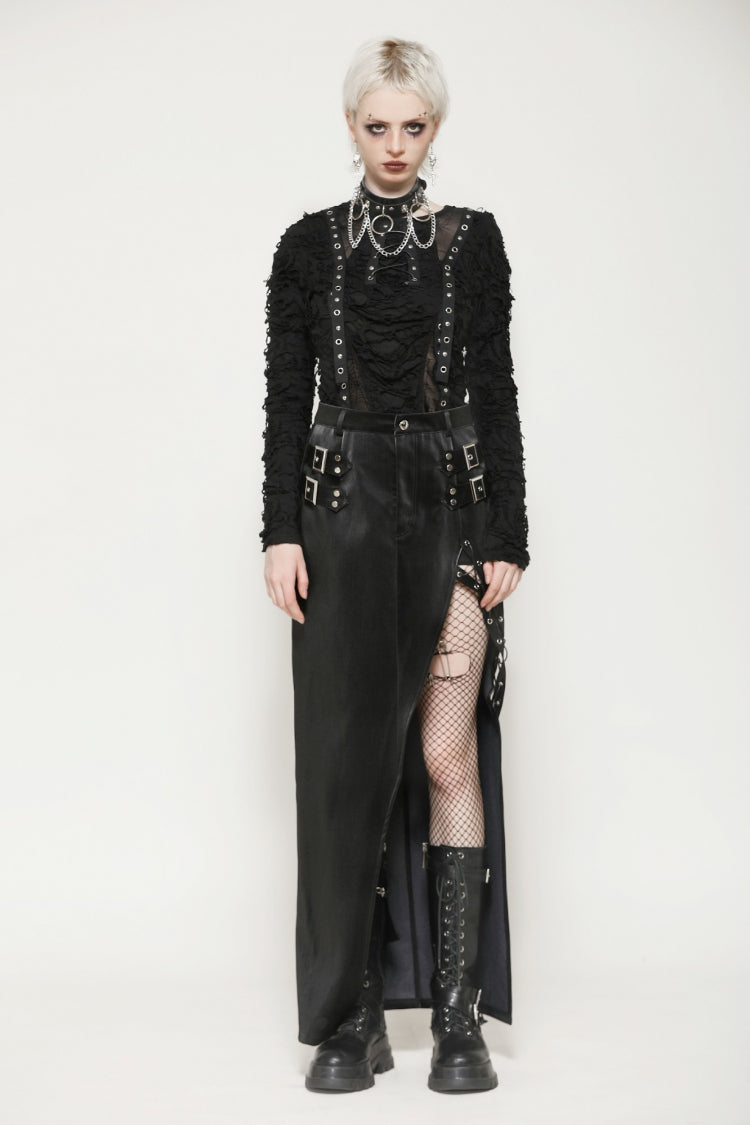 Coal Leather Skirt with Buckle Accents and Side Slit
