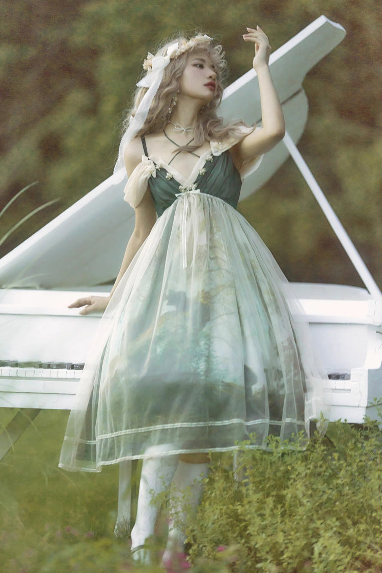 Green V-Neck Morning in Pine Forest Printed Sweet Lolita Jumper Dress