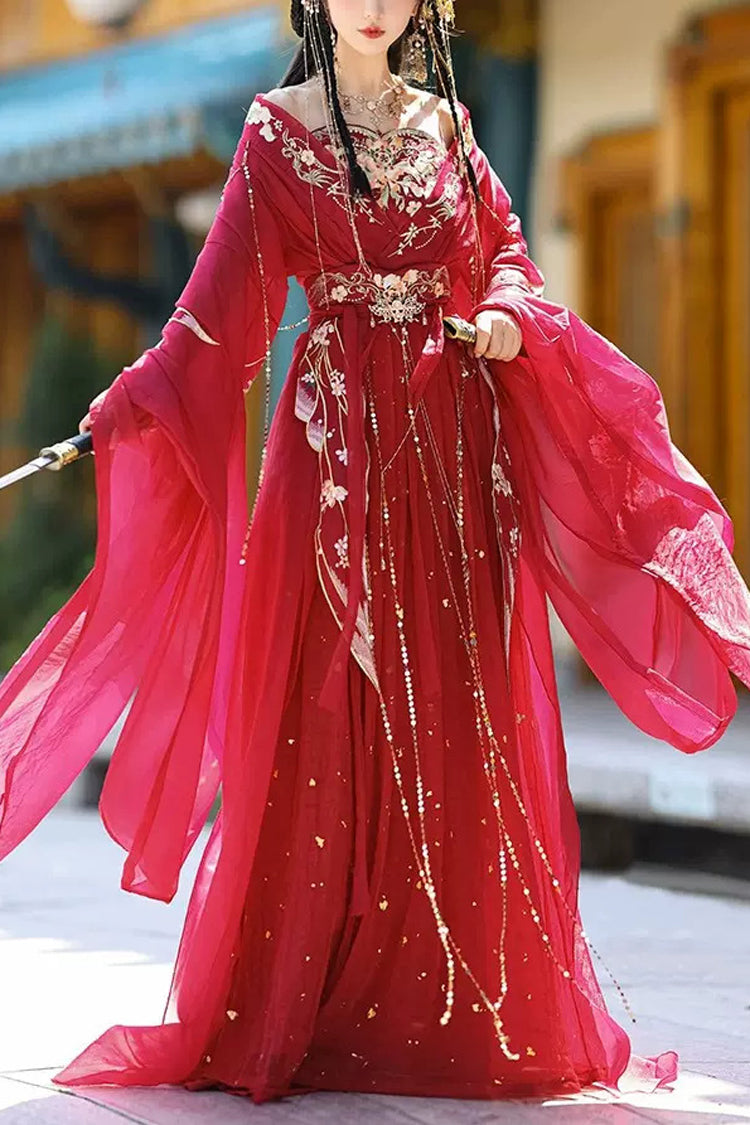 Crimson Classic Hanfu Ensemble with Hot Stamping Embroidery