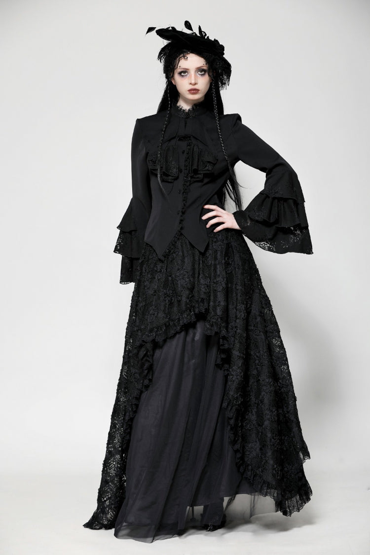 Multi-Layered Ruffled Stand Collar Long Flared Sleeve Gothic Blouse for Women Lace