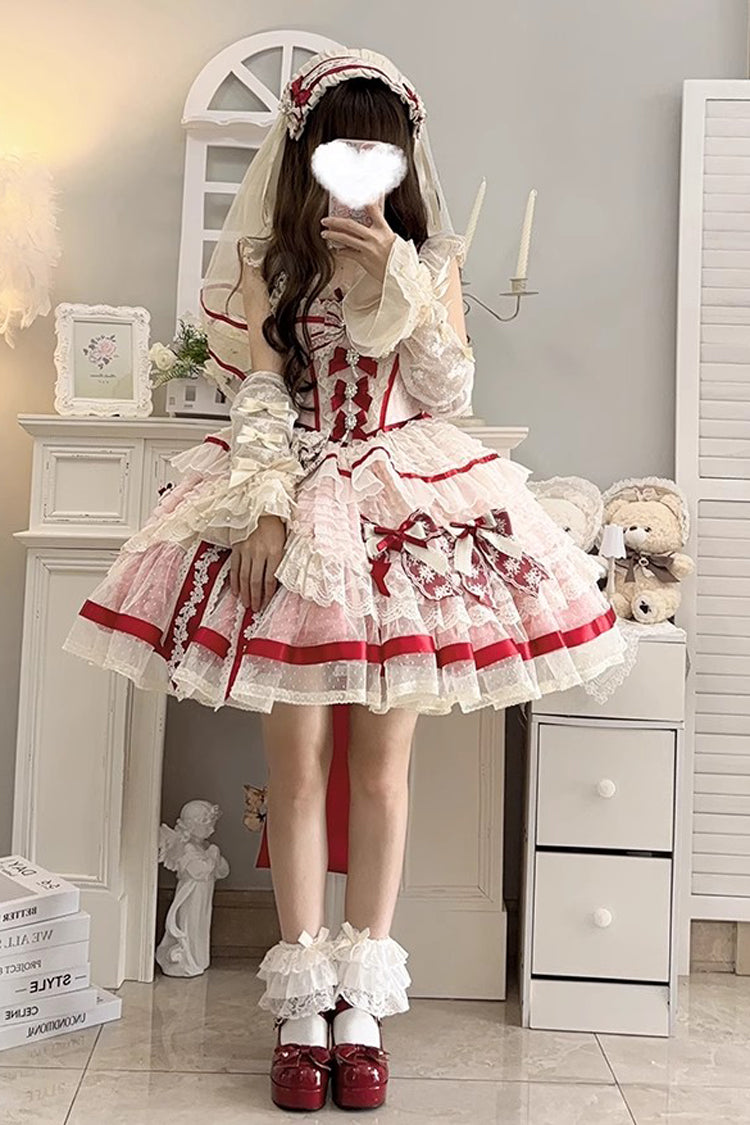 Moonstone Sleeveless Ruffle Embroidery Bow Lace Fishbone Princess Dress in Pink