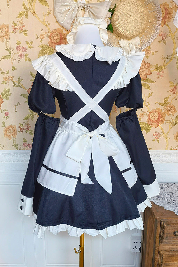 Black/White Short Sleeve Ruffled Bow Lace Plus Size Maid Dress