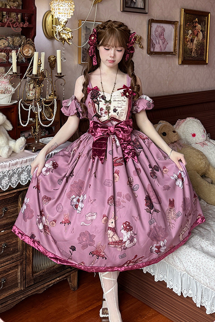 Sleeveless Rabbit Sunflower Print Ruffle Embroidery Bow Sweet JSK Dress Short in Red