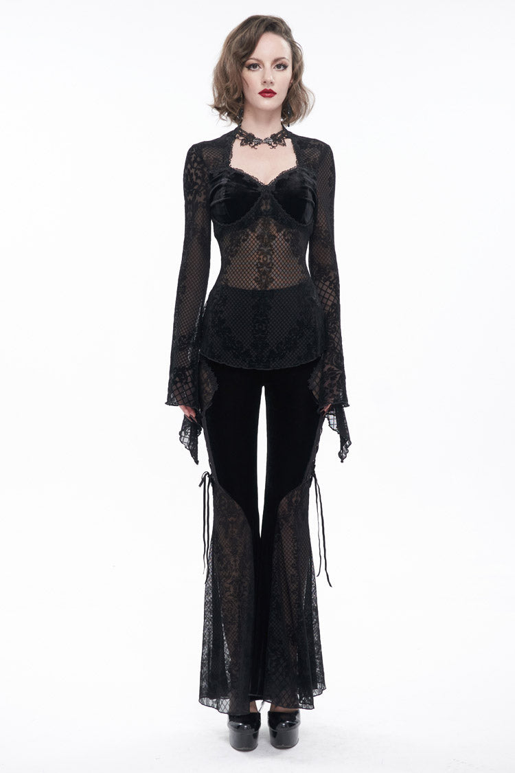 Midnight Velvet Lace Flared-Sleeve Gothic Tee with Metal Accents