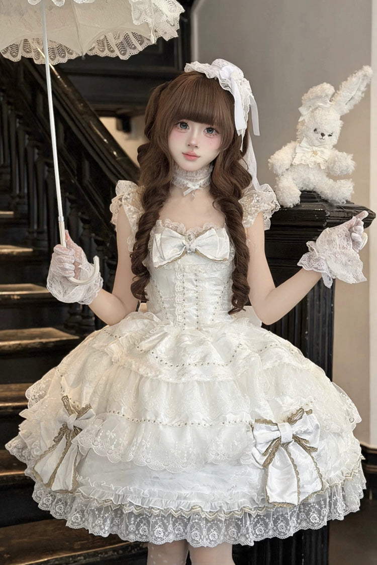 Ivory Sweet JSK with Square Collar and Jacquard Ruffles - Day and Night Duality