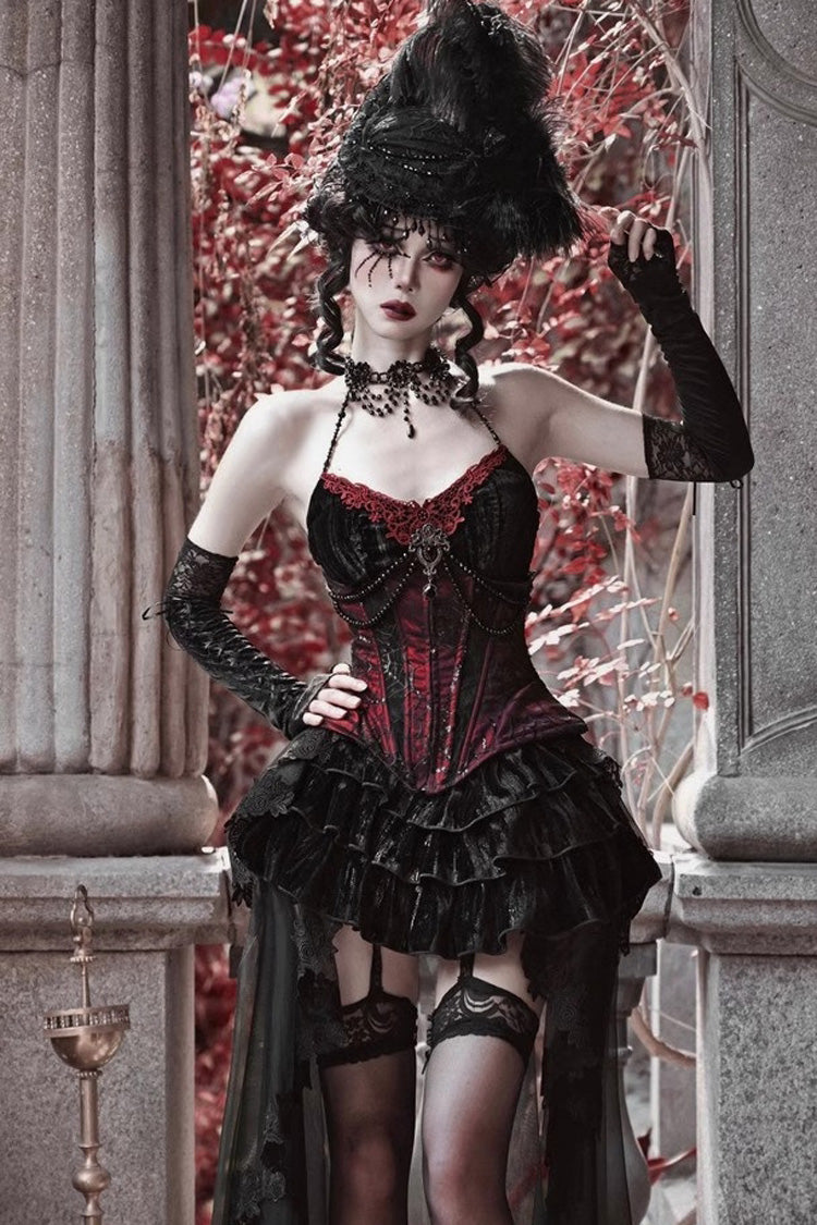 Crimson & Black Rococo Boned Bustle with Ruffled Layers
