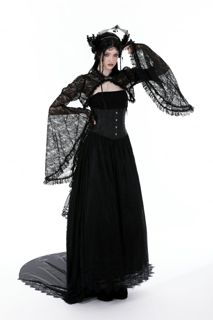 Jet-Black Gothic Cape with Flared Sleeves and Ruffled Lace