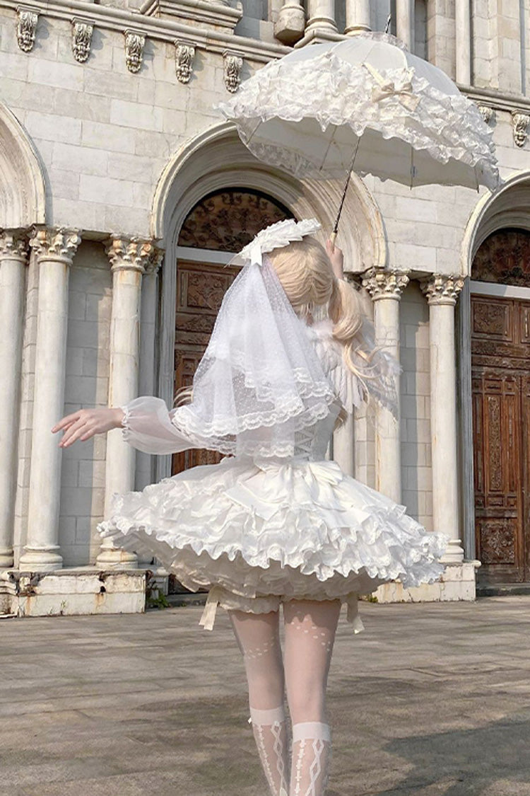 Ivory Double Ruffle Bow Lace Lace-Up Sweet Ballet JSK
