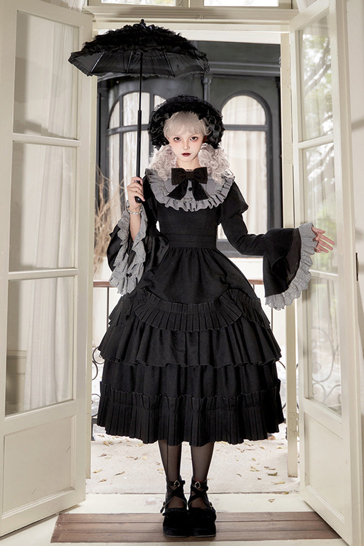 Long Hime-Sleeve Ruffled Bow Gothic Dress in Black