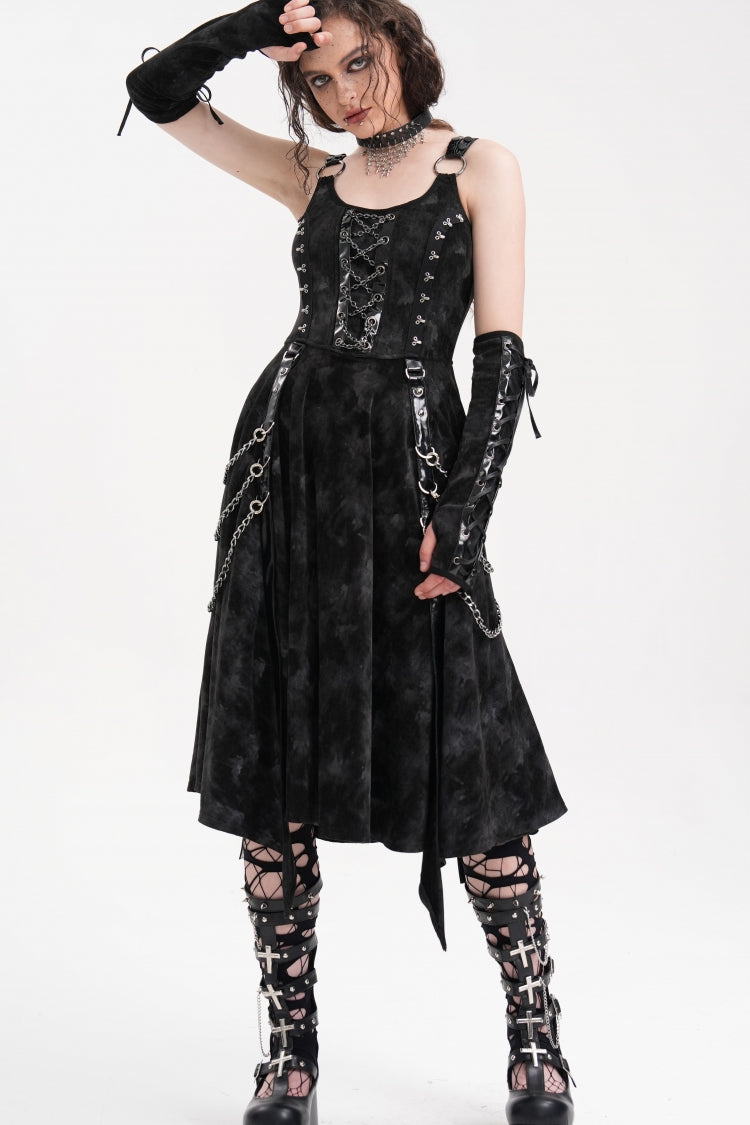 Gothic Slip Dress with Lace-Up Rings and Chains Plus Gloves