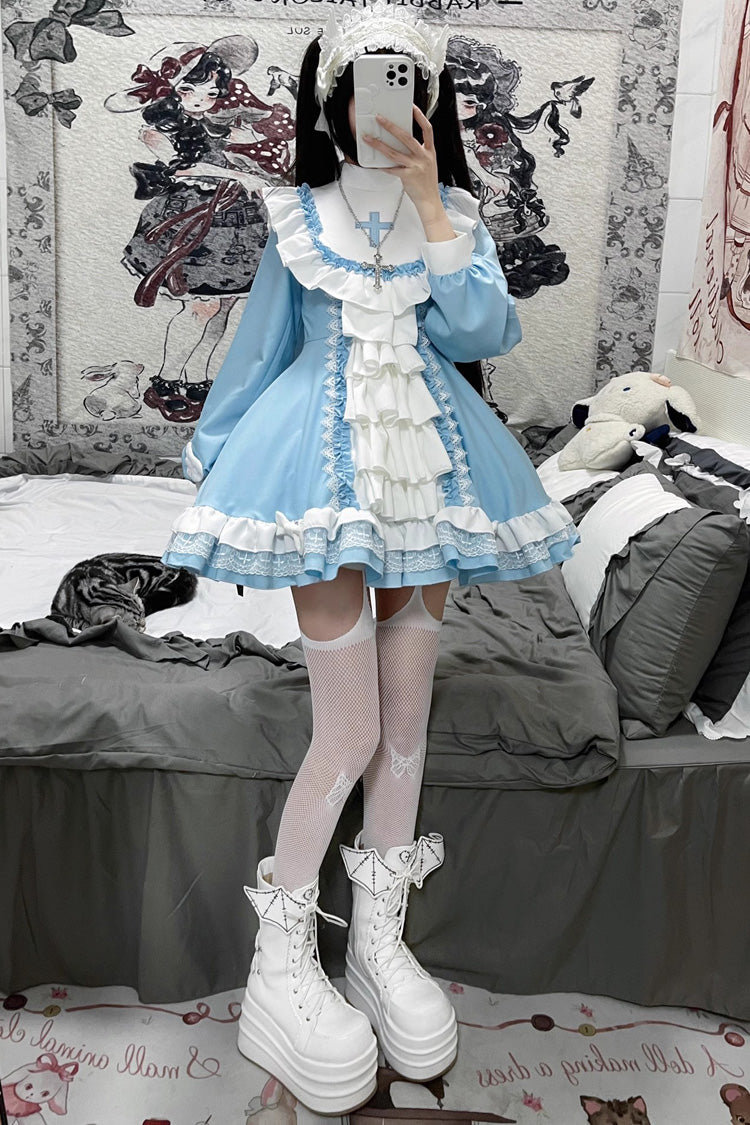 White/Blue Long Sleeves Cross Print Nun Style Ruffle Multi-Layer Sweet Lolita Dress