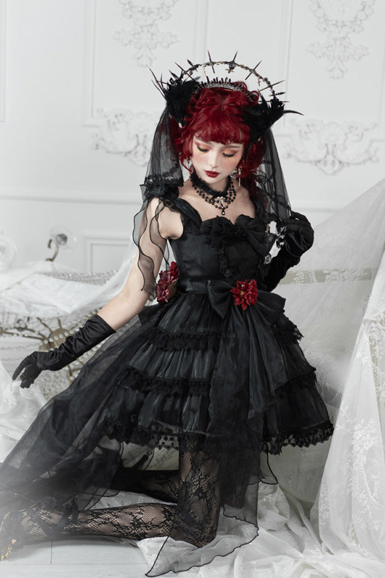 Hanayome Gothic Lolita JSK Dress with Pearl and Bow, Black