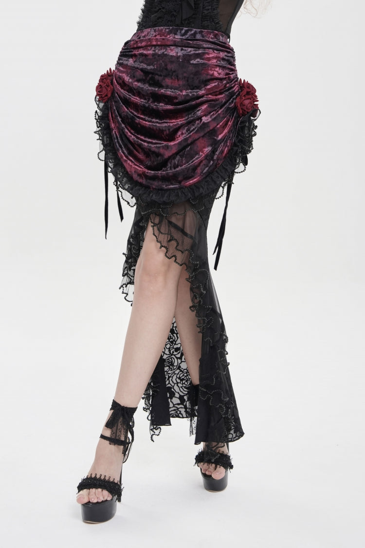 Crimson & Noir Embroidered Rose Lace-Up Asymmetric Hem Gothic Skirt
