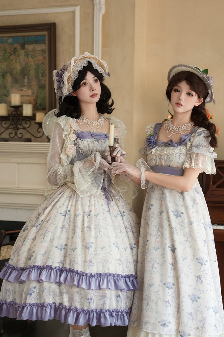Ivory Purple Short Sleeve Double-Layered Ruffle Lace Bowknot Sweet Dress