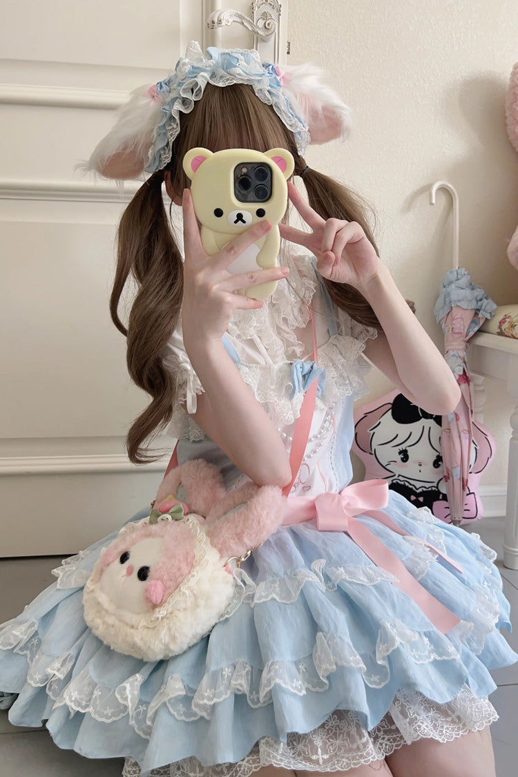 Azure Rabbit-Embroidered Sweet JSK with Double Ruffles