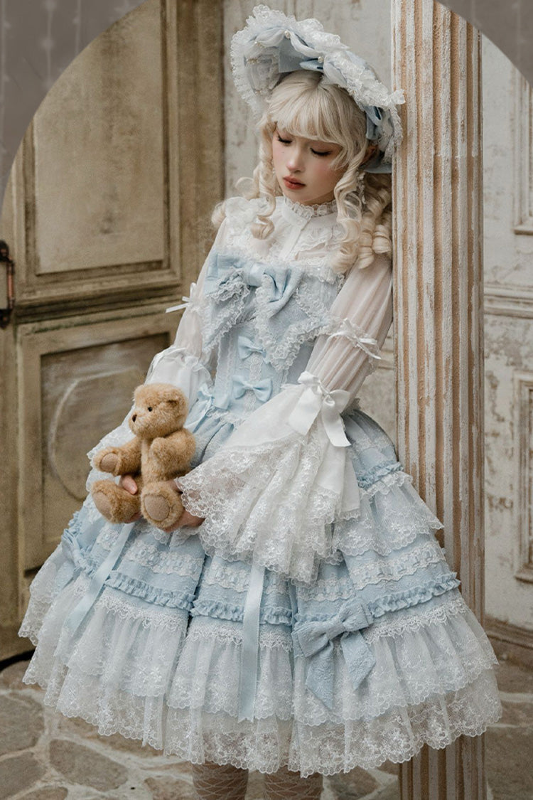 Blue Sleeveless Ruffled Bow Lace Sweet Lolita JSK - Reinas