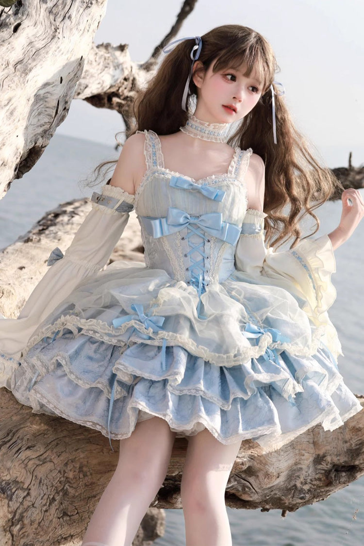 Blue Apricot Sleeveless Multi-Layer Ruffled Lace-Up Sweet Jsk Dress
