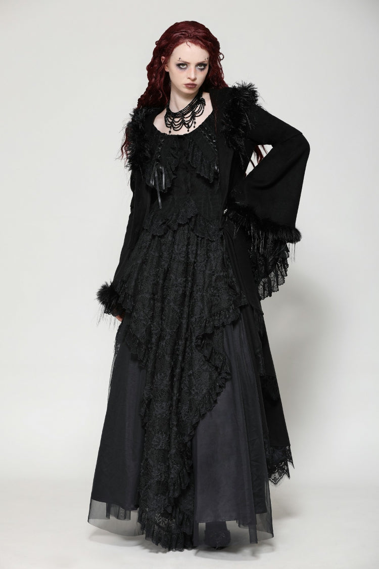 Charcoal Hooded Romantic Coat with Flared Sleeves and Buttons