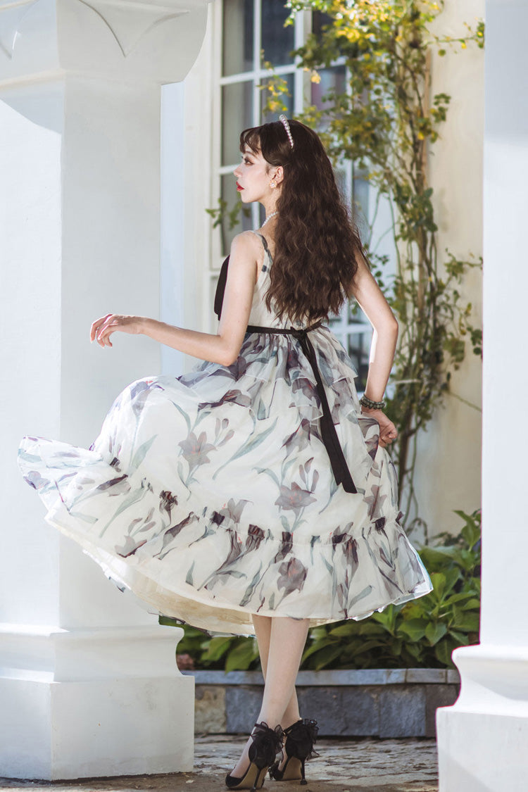 Ivory V-Neck Sleeveless Layered Bow Print Sweet Lolita JSK