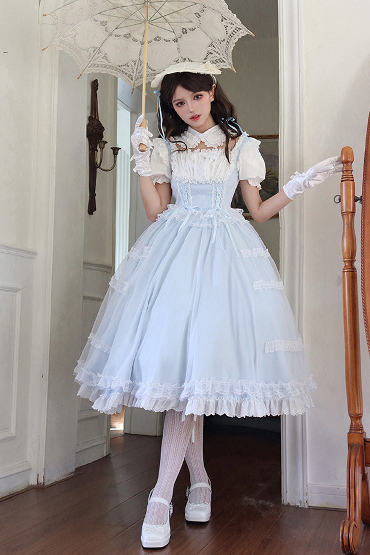 Light Blue Sweet Dress Set with Square Collar and Ruffles