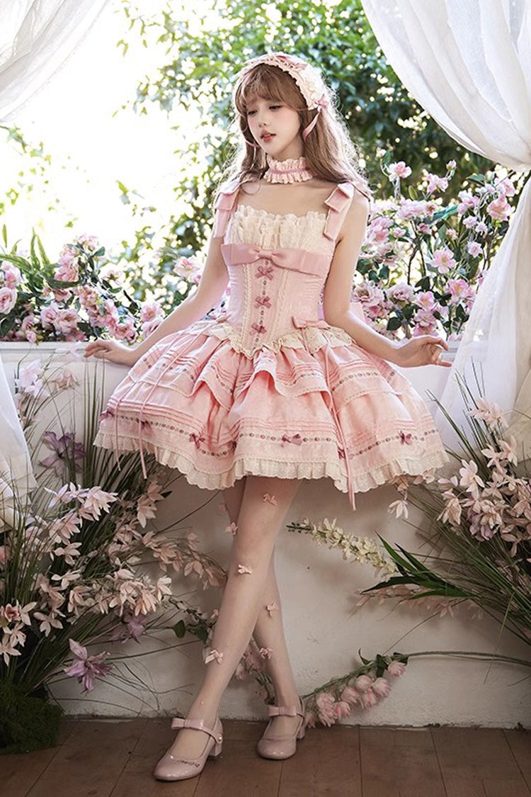Rose Theatre Double-Layered Ruffle Bow Lace Princess Ballet JSK Dress in Pink