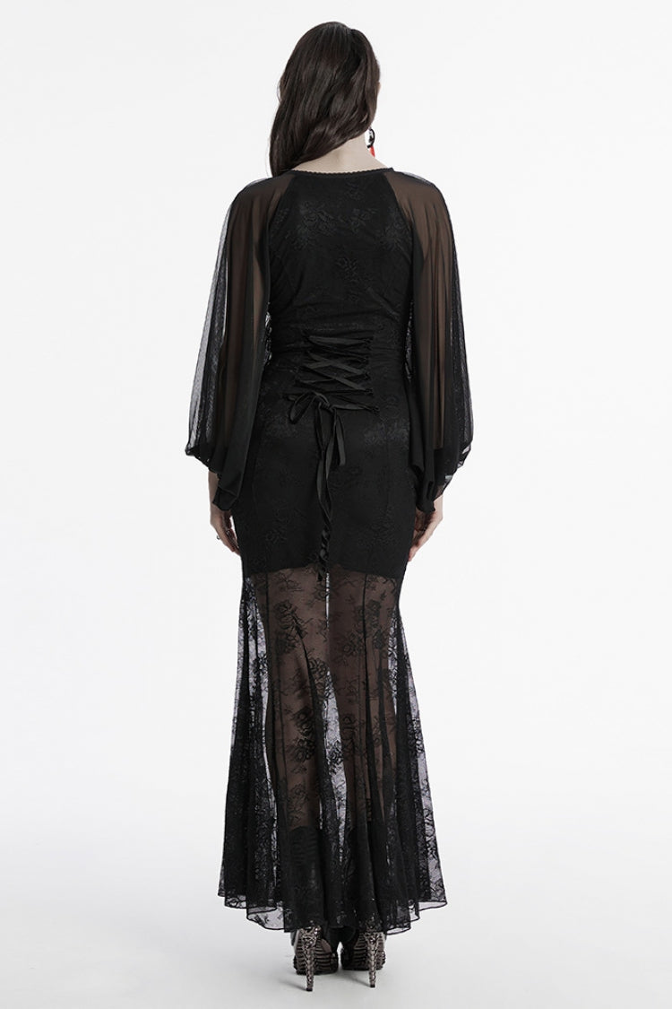 Jet-Black Punk Dress with Batwing Sleeves and Hollow Embroidery