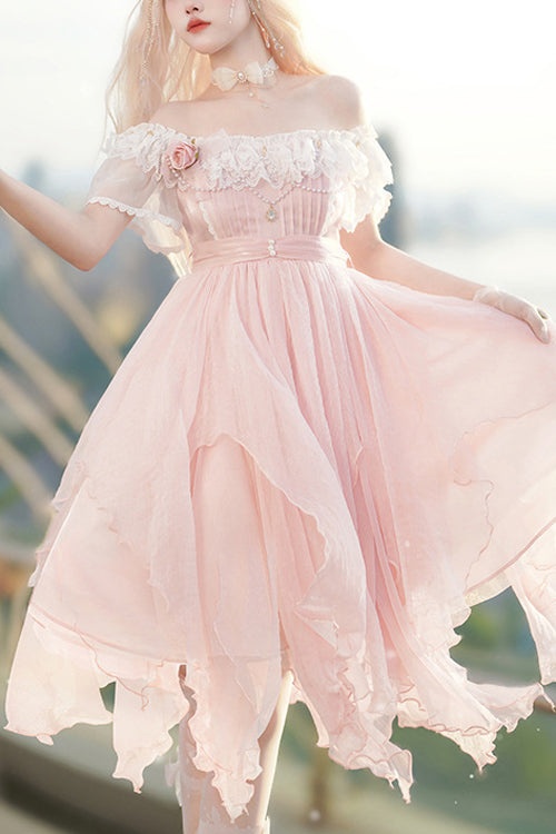 Rose Square Neck Boat Neck Versatile Lace Short Sleeve Irregular Petal Hem Sweet Lolita Gown