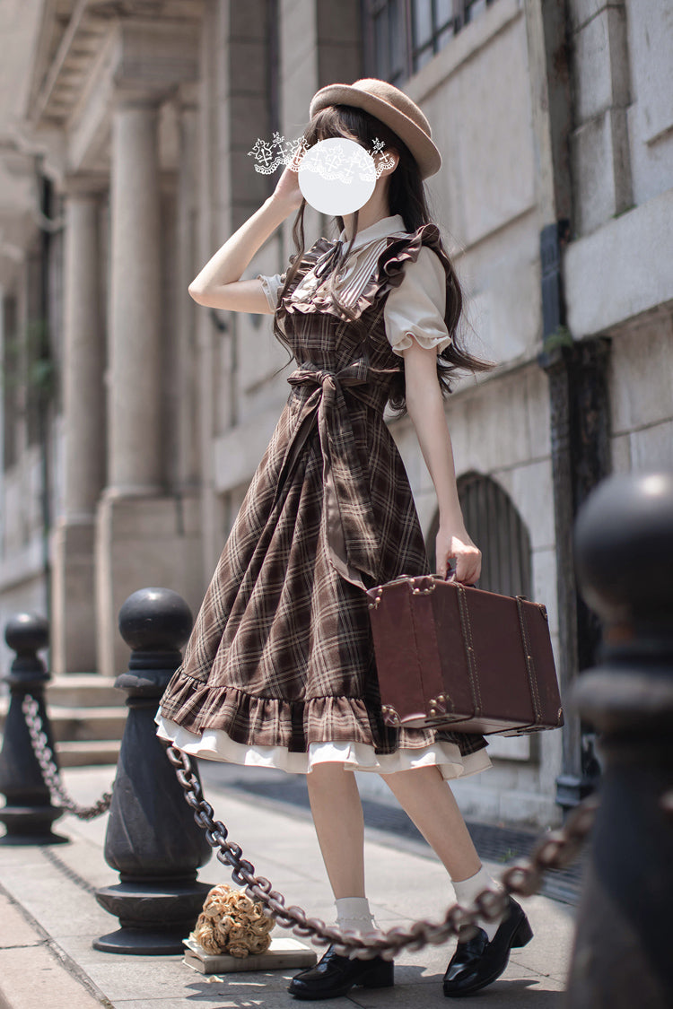 Brown Thames at Dusk Print Dress with Ruffled Bow and Short Sleeves
