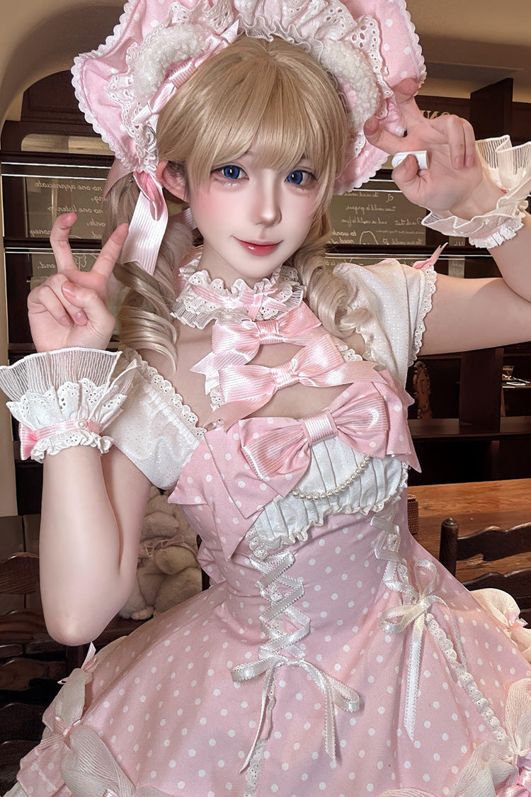 Pink Halter Polka Dot Bow Lace-Up Lolita Gown