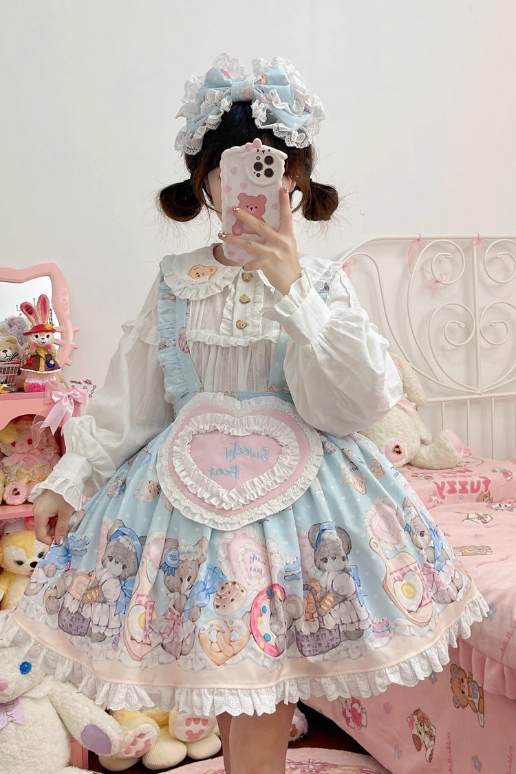 Azure Baked Bear Print Ruffled Sweet Lolita Skirt