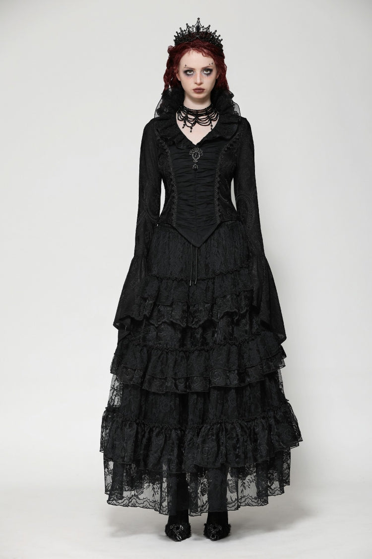 Ruffled V Stand Collar Long Flared Sleeve Jacquard Gothic Blouse for Women Lace