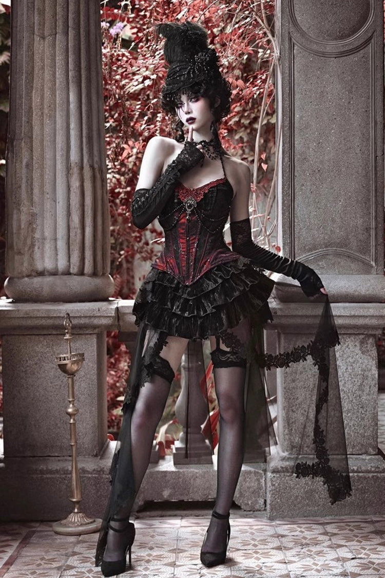 Crimson & Black Rococo Boned Bustle with Ruffled Layers